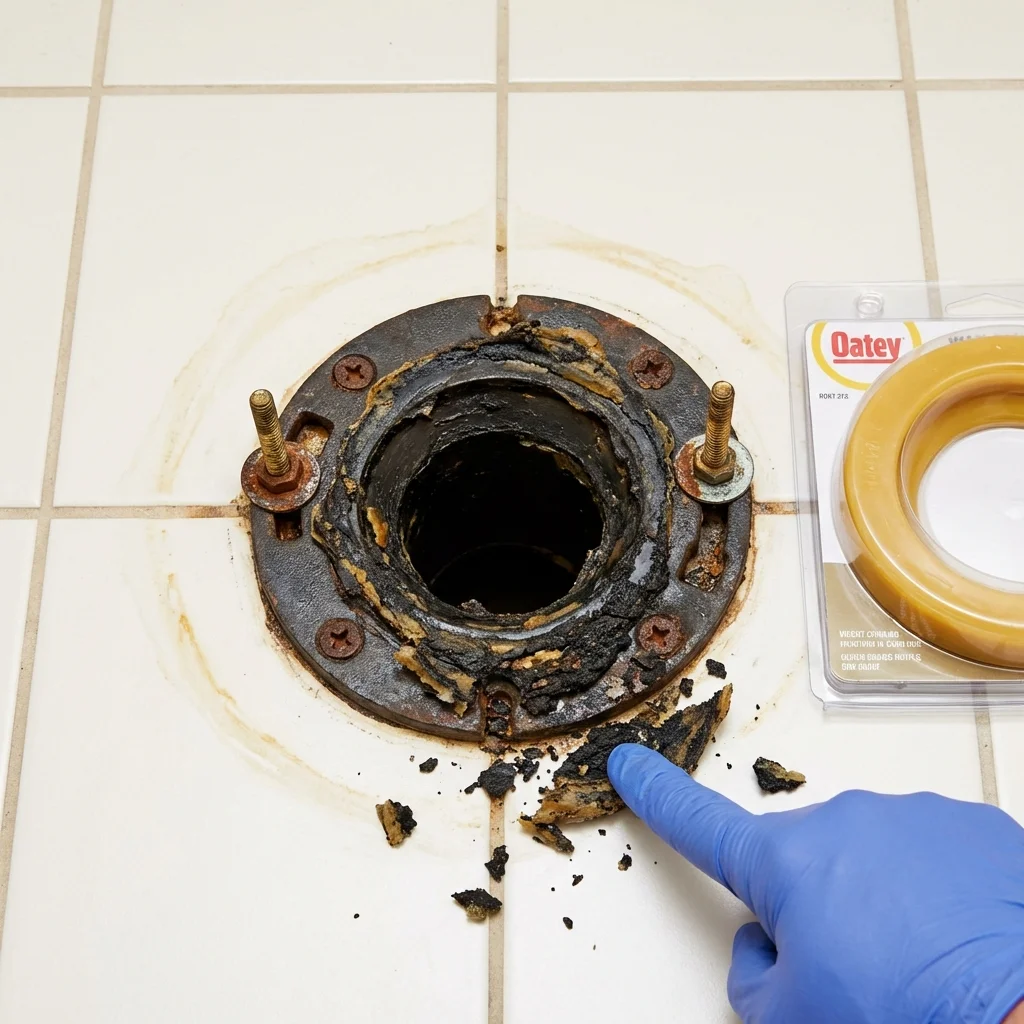 Failed wax ring showing water seepage at the base of a toilet in a Lexington, NC home
