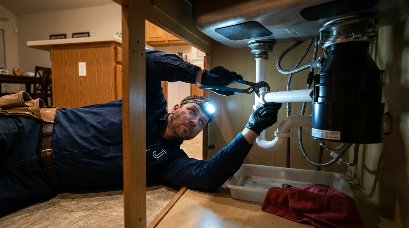 P-trap and supply line connections under a kitchen sink showing a common leak point in Lexington, NC